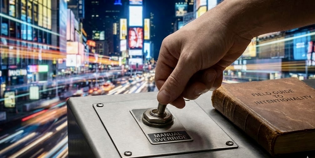 A close-up of a hand flipping a metal toggle switch labeled "MANUAL OVERRIDE" on a control panel. To the right lies a weathered, leather-bound book titled "FIELD GUIDE TO INTENTIONALITY." In the background, a vibrant, blurred long-exposure shot of a bustling city at night illustrates the contrast between modern chaos and stoic control.