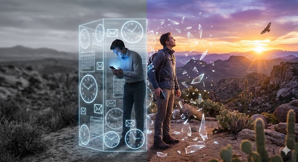 A split-composition digital illustration showing a man on the left trapped in a glowing blue cage of clocks, calendars, and email icons within a grayscale desert landscape, representing the 'time-poor' state. On the right, the same man stands free, looking up at a vibrant sunset in a colorful desert, with the digital cage shattering around him, symbolizing the transition to an 'awe-rich' life.