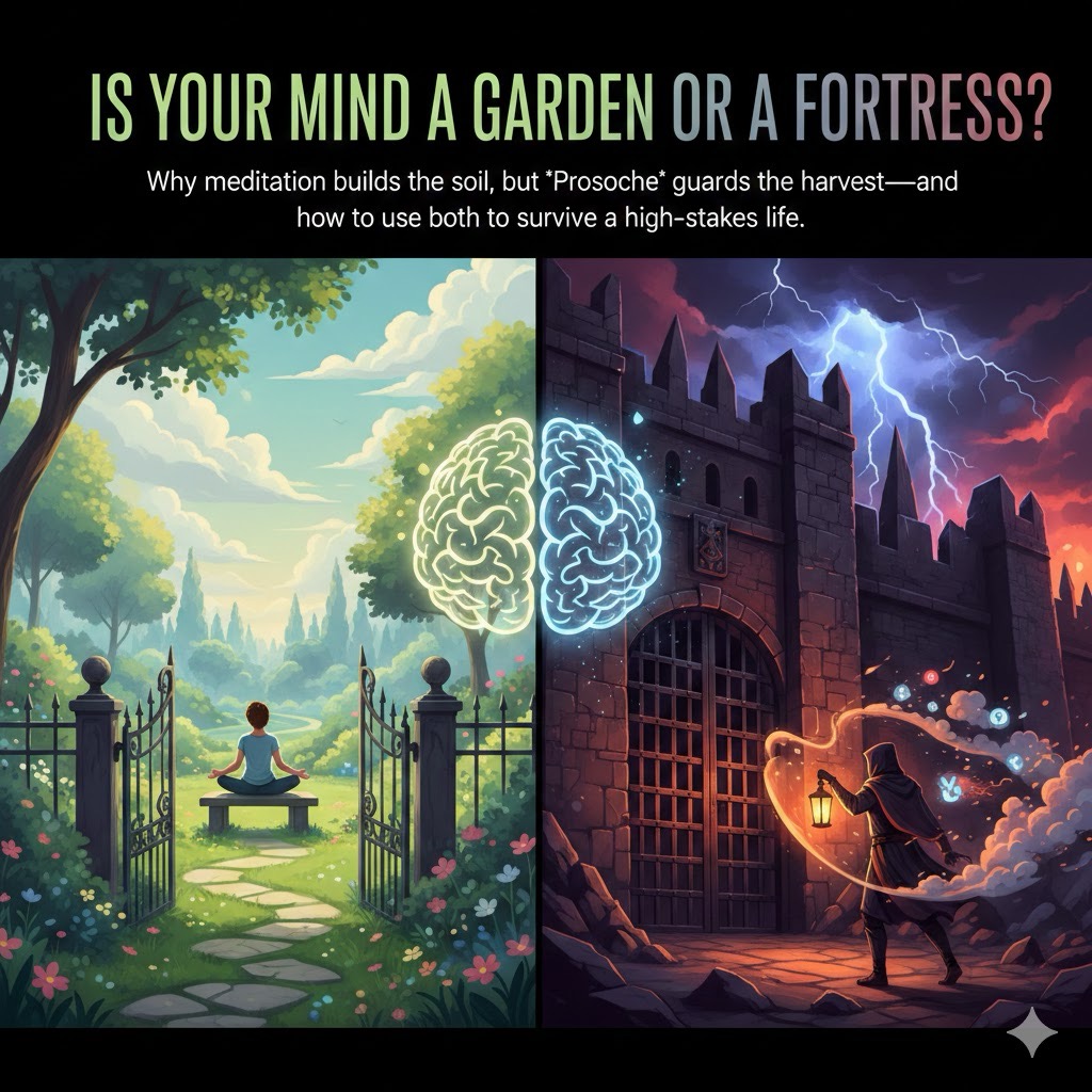 A split-screen conceptual illustration showing a peaceful zen garden with a person meditating versus a dark stone fortress under a lightning storm. A glowing brain icon connects the two sides, symbolizing the integration of passive mindfulness and Stoic Prosoche for mental vigilance and attention management.